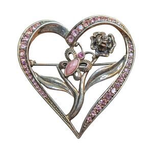 Vintage Gold Tone Pink Rhinestone Roses Brooch/Pin